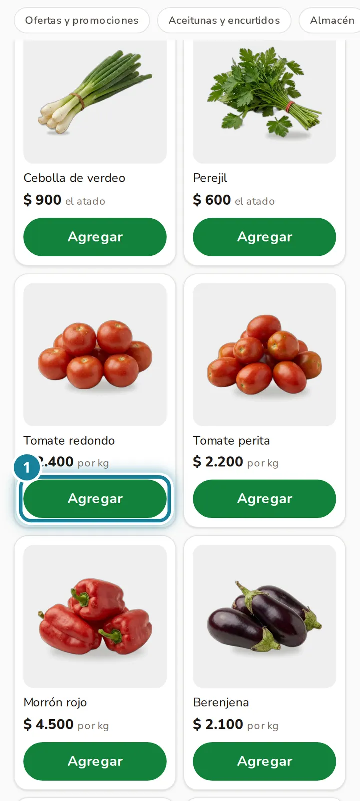 Producto de la tienda con el botón Agregar marcado.